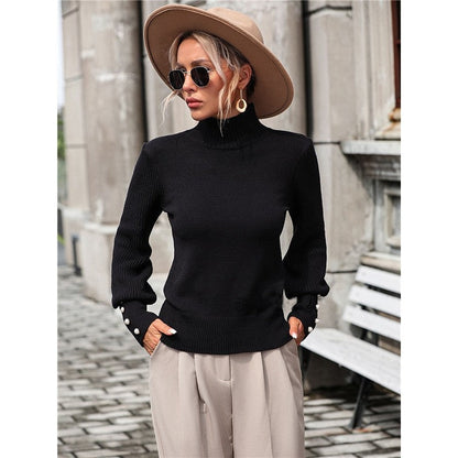 Solid Color Long Sleeve High Neck Casual Loose Pullover Knitted Sweater