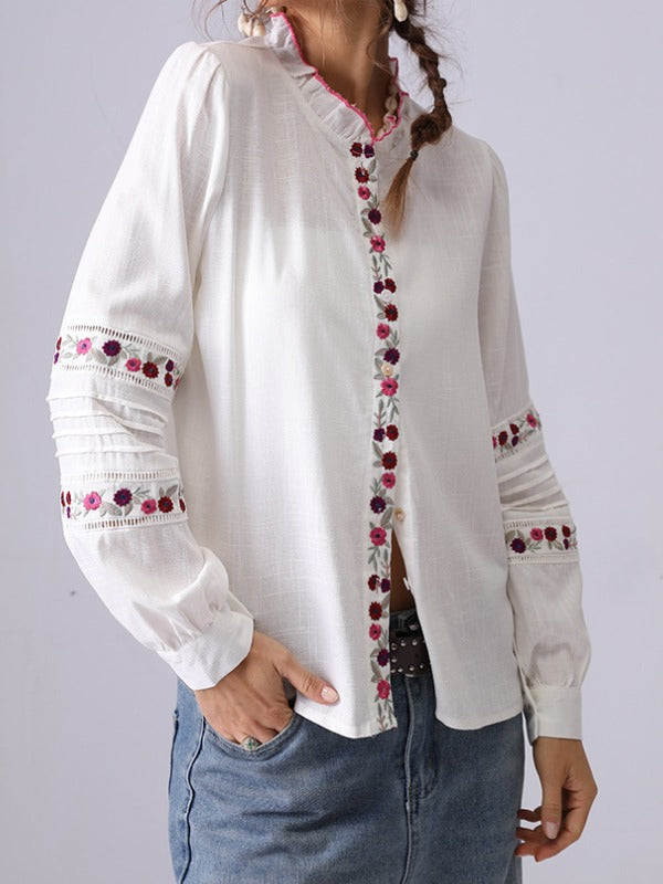 Minimalist Floral Embroidered Ruffle Neck Top