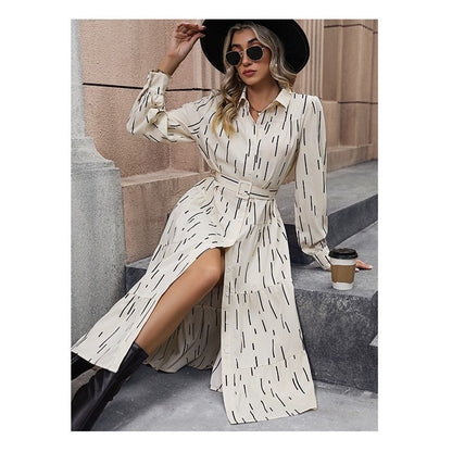 Long Sleeves Lapel Buttoned Belted Printing Shirt Midi Dress