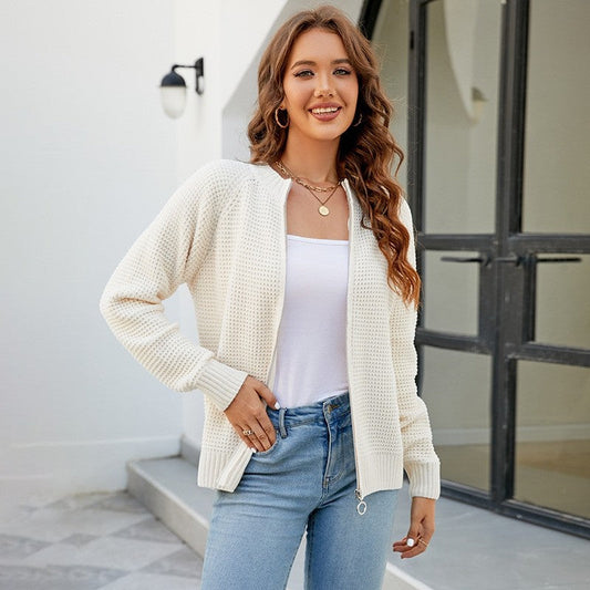 Women's Solid Color Zip Up Knit Cardigan Sweater