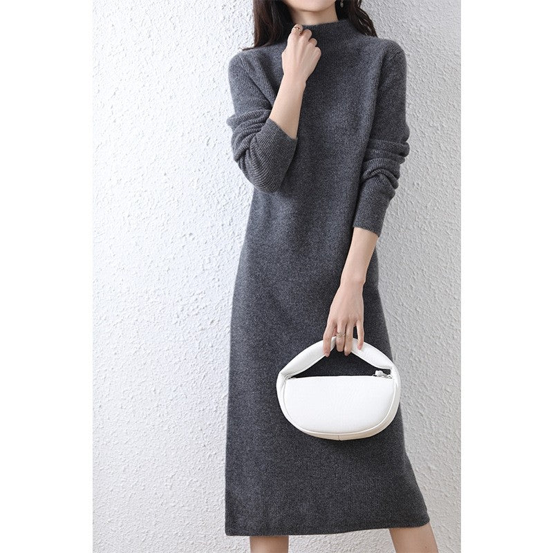Elegant Ribbed Knit Semi High Neck Solid Long Dress