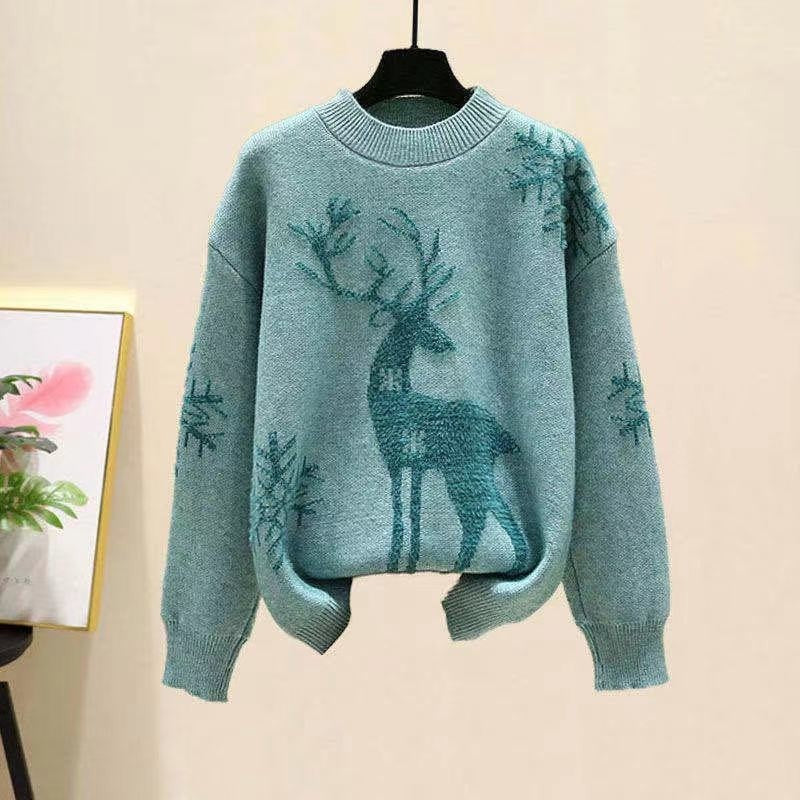 Deer Jacquette Round Neck Knit Sweater