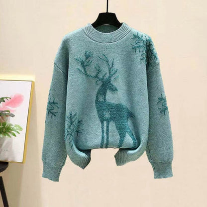Deer Jacquette Round Neck Knit Sweater