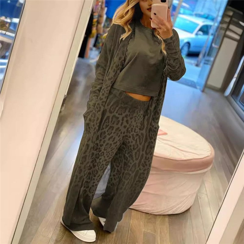 Leopard Print Long Sleeve Cardigan And Pants Set