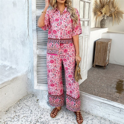 Floral Print Short Sleeve Cardigan And Pants Set