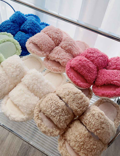 Solid Color Fluffy Fuzzy Two Band Slippers