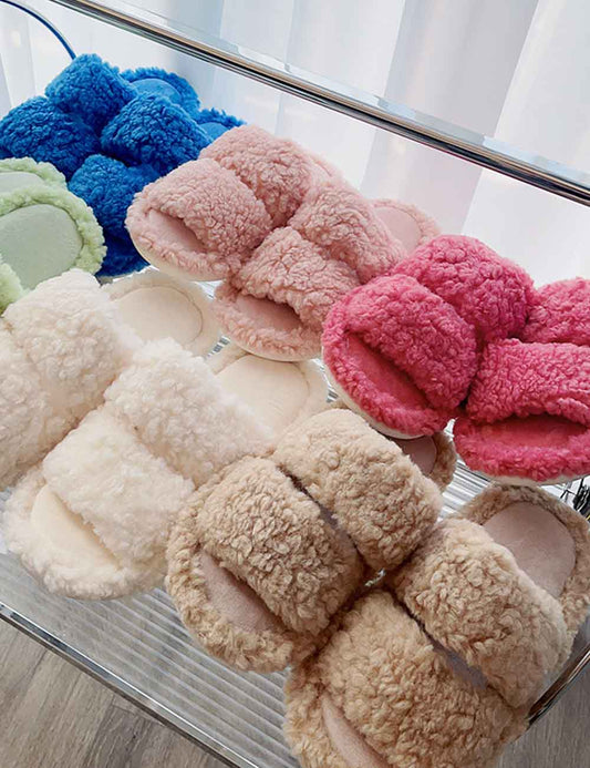 Solid Color Fluffy Fuzzy Two Band Slippers