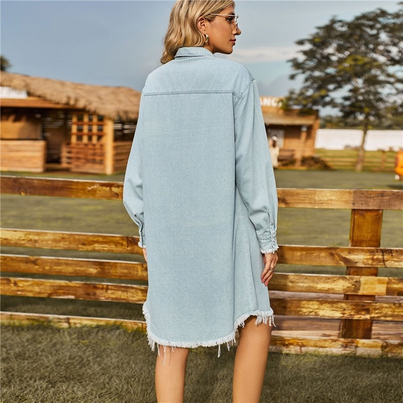 Solid Color Loose Casual Long Sleeve Raw Edge Dress