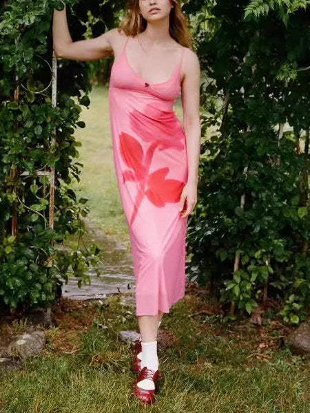 Flower Slim Backless Wrap Spaghetti Dress