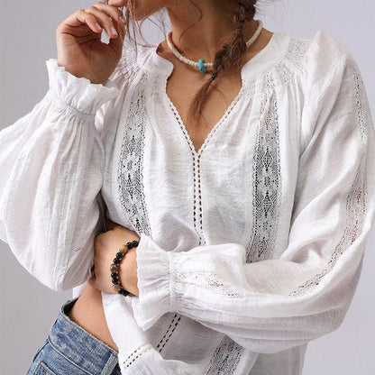 Lace Splicing Ruffle V-Neck Pullover Top