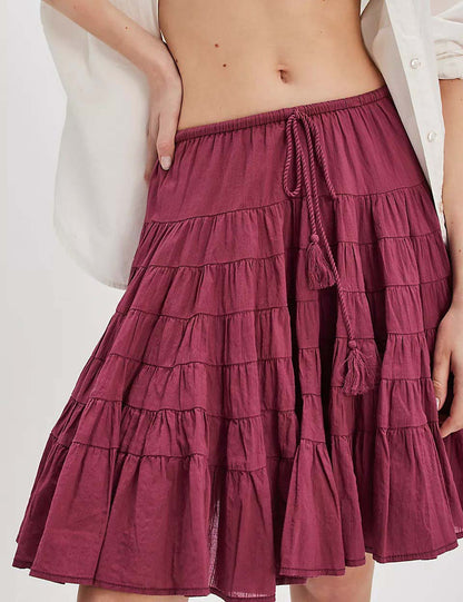 Solid Color Puffy String Midi Skirt