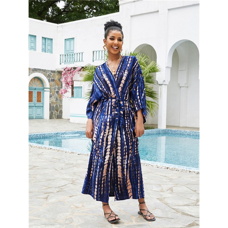 Long Sleeve Printing Waist Tied Casual Loose Long Cardigan Beach Bikini Cover-Up