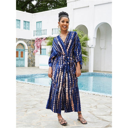 Long Sleeve Printing Waist Tied Casual Loose Long Cardigan Beach Bikini Cover-Up