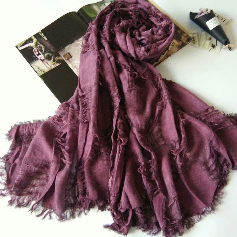Solid Tassels Hole Cotton Blend Scarf