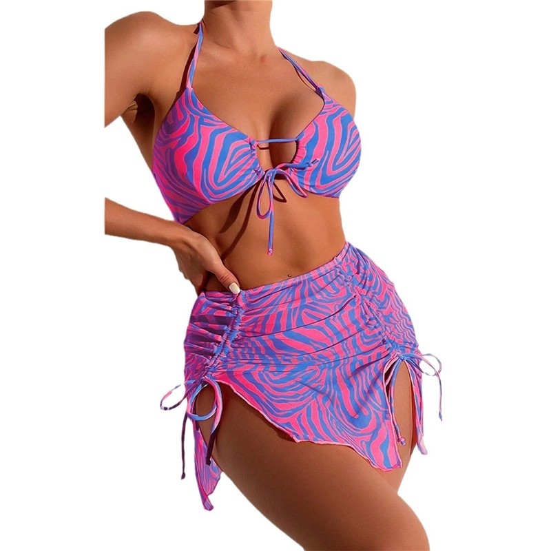 Striped Split Three-Piece Printed Bikini Swimsuit