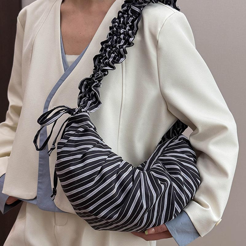 Ruched Striped Drawstring Casual Shoulder Bag