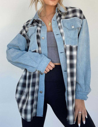Loose Splice Plaid Long Sleeve Denim Top