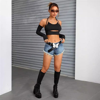 Simple And Versatile Low-Waist Slim Raw Edge Loose Denim Shorts