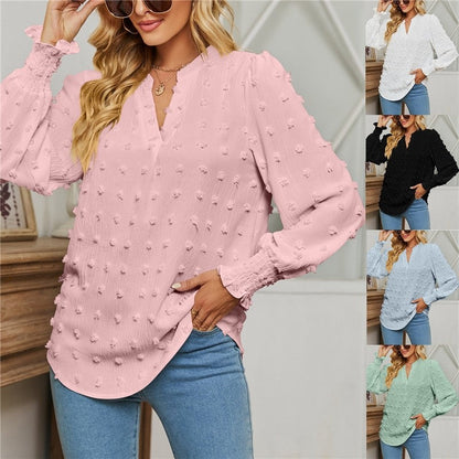 Solid Color V-Neck Long Sleeves Dots Blouse Top