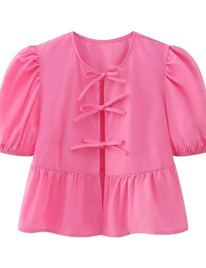 Cute Tie Front Round Neck Pullover Top