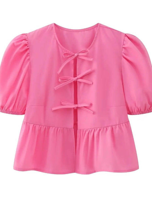 Cute Tie Front Round Neck Pullover Top