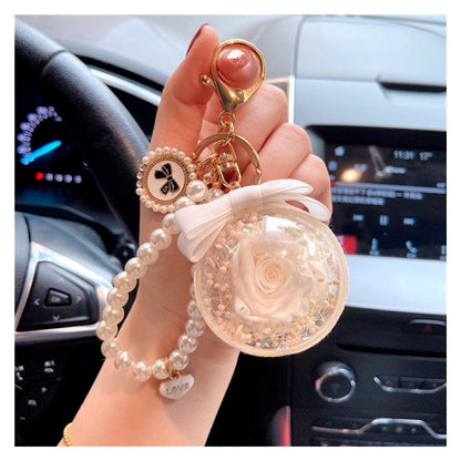 Bow Pearl Chain Keychain With Preserved Flower