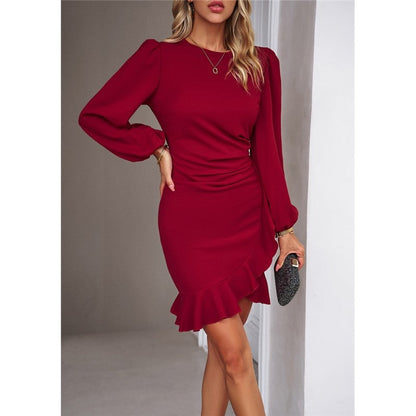 Round Neck Ruched Puff Sleeve Dress
