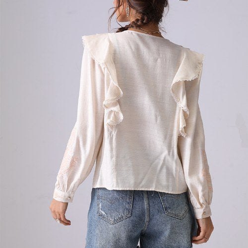 V-Neck Flounce Embroidered String Top