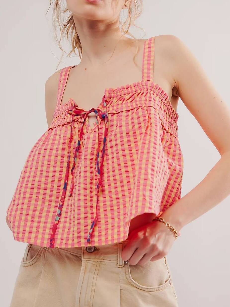 Ruffle Sleeveless String Plaid Tank Tops