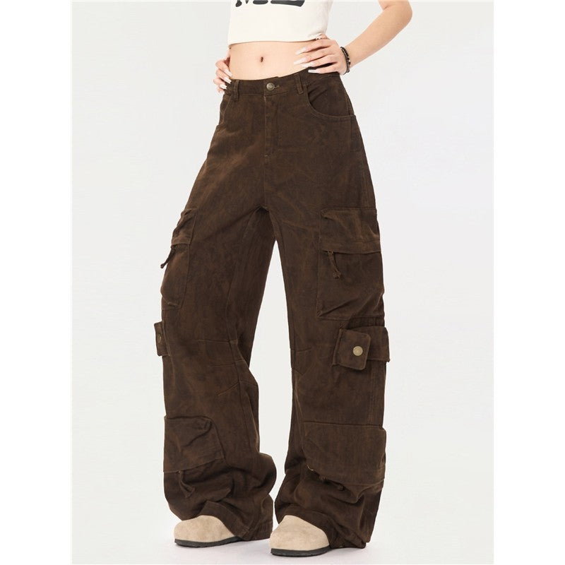 Distressed Cargo Wide-Leg Pants Unisex Loose Fit Casual Trousers