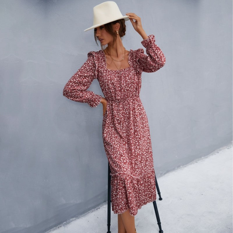 Petal Sleeve Floral Waist Square Neck Dress