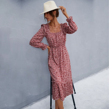 Petal Sleeve Floral Waist Square Neck Dress