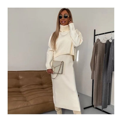 Solid Color High Neck Knit Sweater Wrap Skirt Set