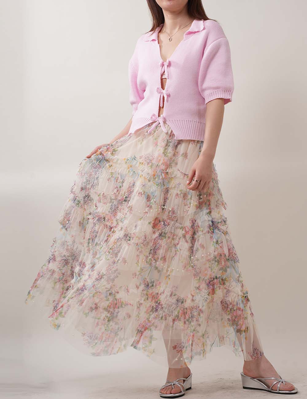 Floral Print Midi Tulle Mesh Skirts