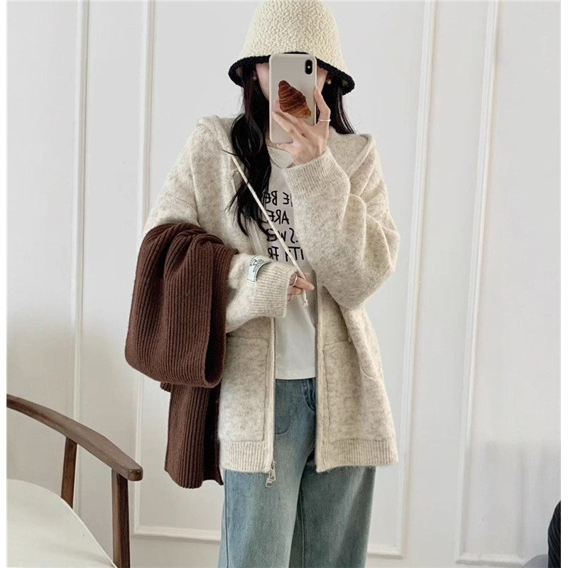 Hooded Zip-Front Knit Cardigan Women's Thickened Loose Fit Sweater