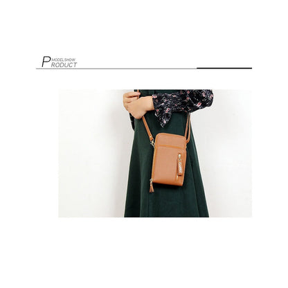 PU Leather Solid Color Double Layer Zippers Large Capacity Multifunctional Cell Phone Purse Crossbody Bag