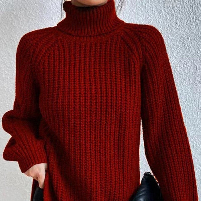 High Collar Raglan Sleeve Sweater Mid-Length Slit Hem Sweater