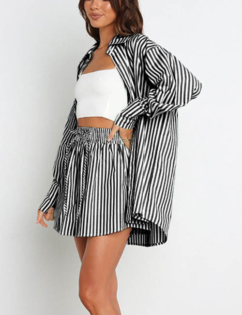 Stripe Color Block Split Shirt Short Set