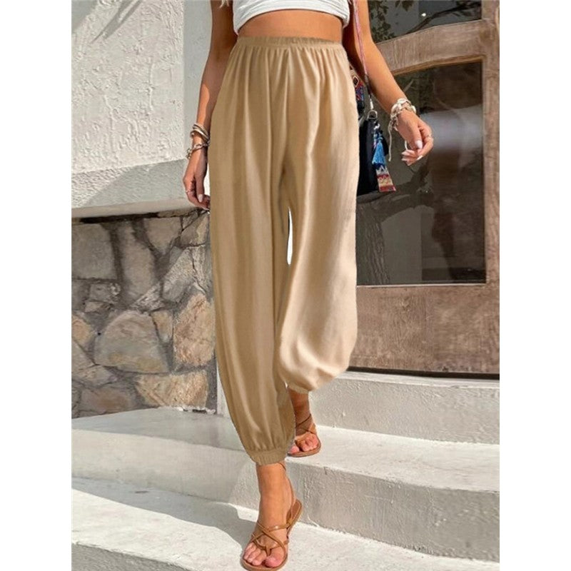 Elastic Waist Solid Color Baggy Pants