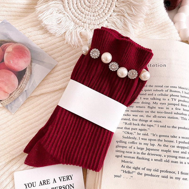 Rhinestone Pearl Solid Color Sweet Socks