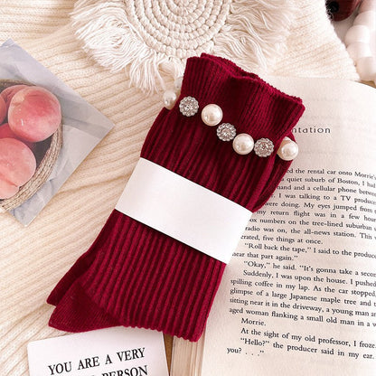 Rhinestone Pearl Solid Color Sweet Socks