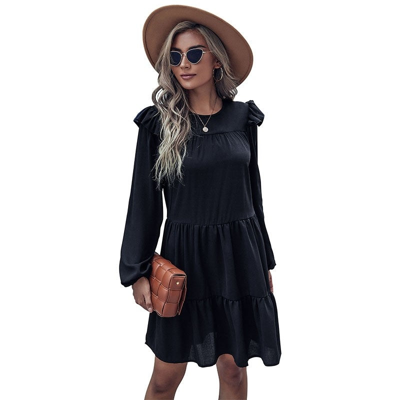 Long Sleeve Black Loose Hepburn Style Dress