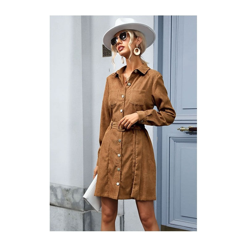 Shirt Style Lapel Long Sleeve Corduroy Dress