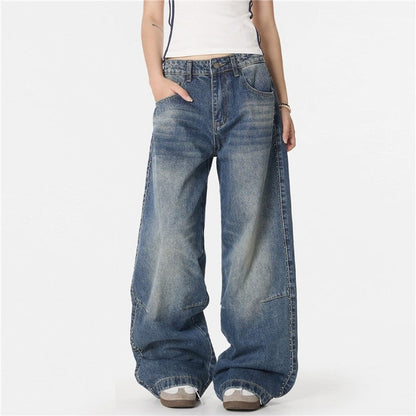 Washed Distressed Straight Wide Leg Pants