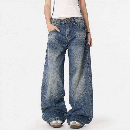 Washed Distressed Straight Wide Leg Pants