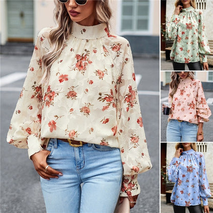 Long Sleeves Half Turtleneck Bandage Floral Printed Blouse