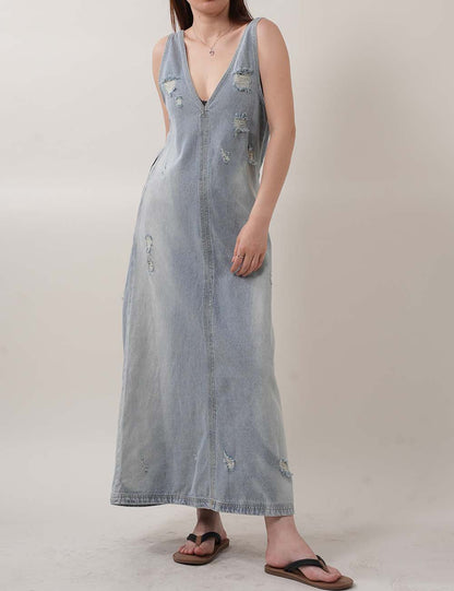 Ripped Washed Sleeveless V-Neck Denim Midi Dresses