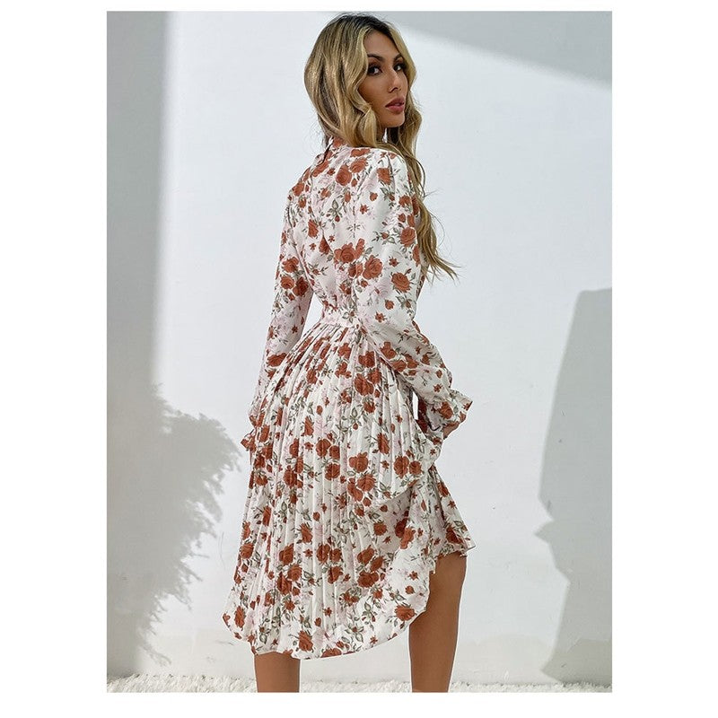 Printed Belted Half Turtleneck Dress With Petal Sleeves