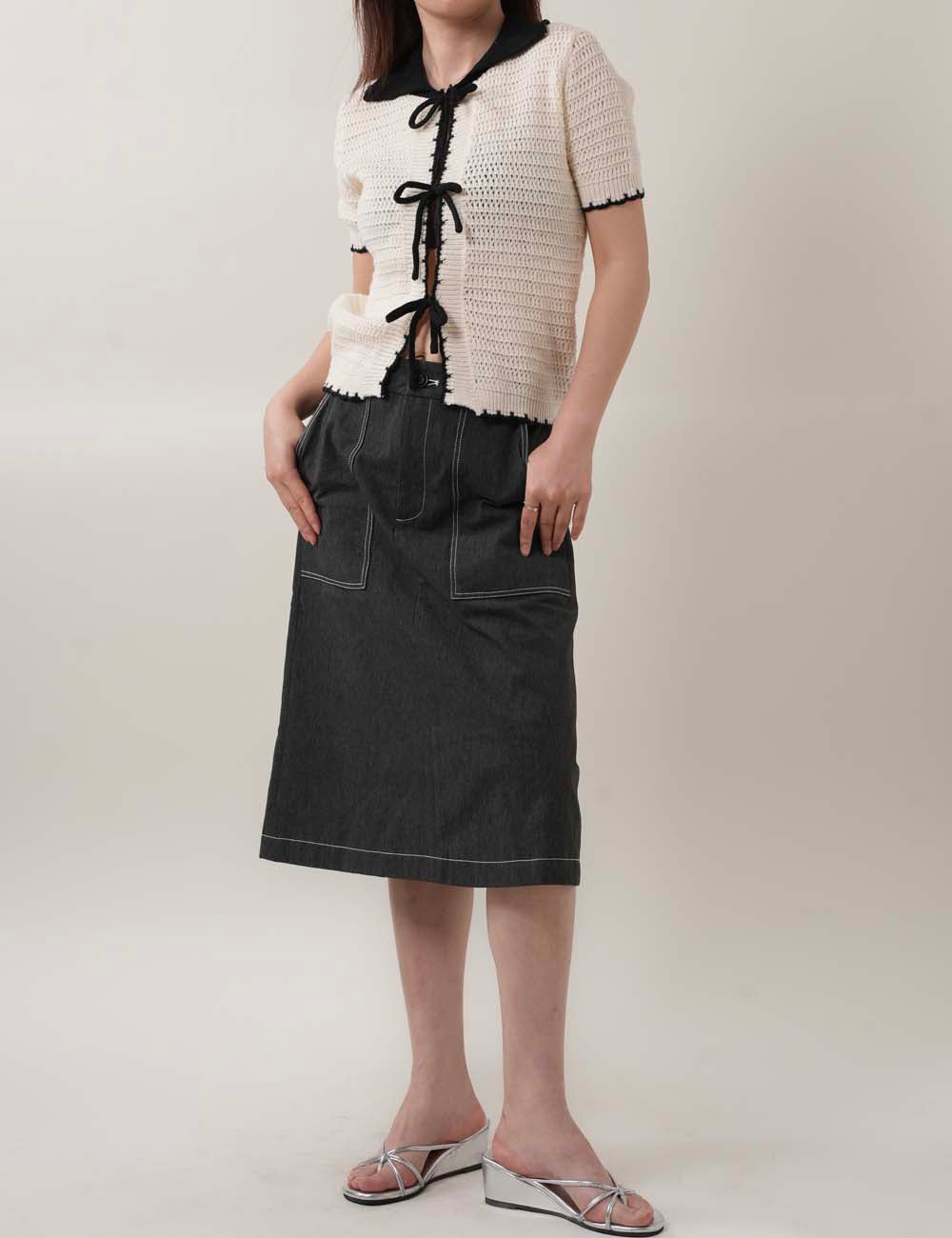 Color Block Bow Front Short Sleeves Knit Top