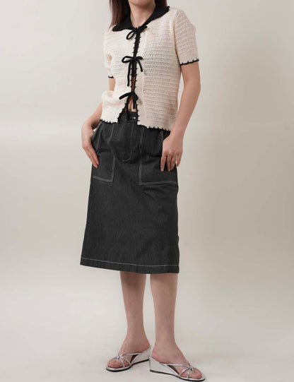 Color Block Bow Front Short Sleeves Knit Top